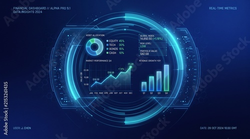 financial dashboard data insights alpha pro real-time metrics asset allocation equity tech bonds cash global index risk level portfolio value market performance revenue growth yoy