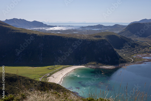Obraz na plátně Breathtaking Panoramic View of Haukland Beach and Turquoise Sea from the Mountai