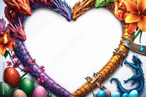 Multicolor heart-shaped frame featuring a mythical dragon and vibrant eggs in a magical garden setting