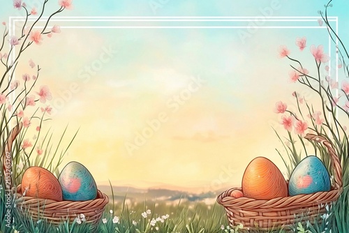 Colorful eggs nest in baskets under the warm glow of a setting sun surrounded by blooming flowers