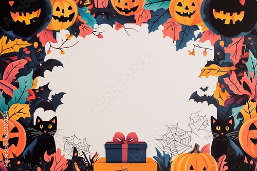 Create your festive Halloween messages with this vibrant holiday card design featuring themed decorations