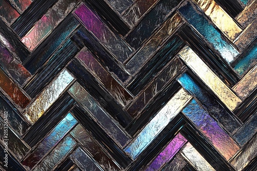 Chevron patterns featuring alternating metallic and holographic elements in vibrant colors