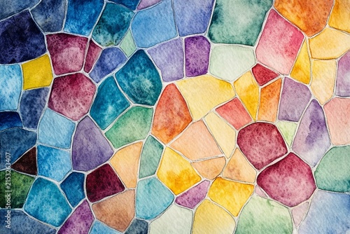 Multicolored watercolor patchwork resembling stained glass with irregular shapes and vibrant hues
