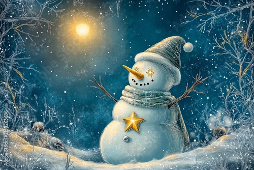 Magical snowman with twinkling eyes and a golden star at night
