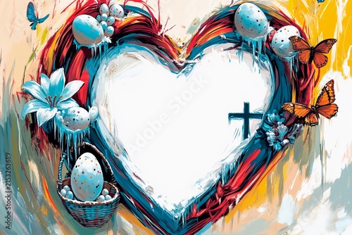 Colorful icy vortex frame showcasing Easter symbols in a heart shape