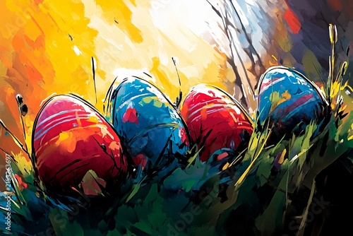 Colorful easter crowns with flowers and eggs in a sunny spring garden