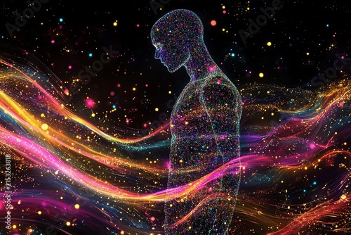 Swirling data forms a human silhouette in a cosmic scene