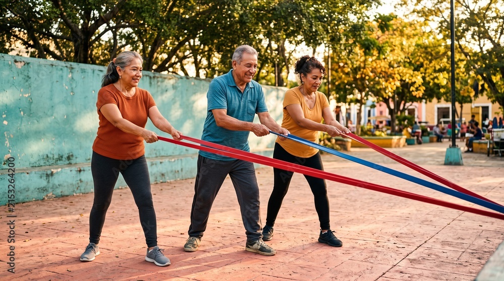 Obraz premium Friends build strength with bands at an outdoor community session