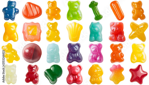 Quadro su tela Assortment of colorful gummy candies in various shapes including bears, stars, and other fun forms, isolated on a white background