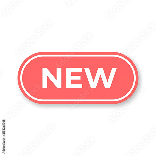 Red rounded rectangular button with white new text isolated on white background
