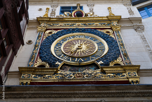 Looking up to Gros-Horloge medieval clock at the old town of French city of Rouen on a sunny summer day. Photo taken July 13th, 2026, Rouen, Normandie, France.