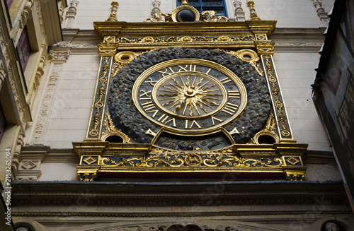 Looking up to Gros-Horloge medieval clock at the old town of French city of Rouen on a sunny summer day. Photo taken July 13th, 2026, Rouen, Normandie, France.