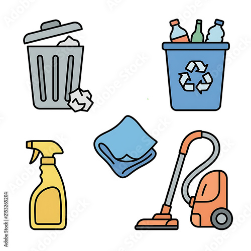 A collection of flat vector illustrations featuring cleaning and recycling tools on a blue.