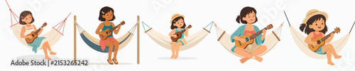 Flat vector illustration of a little girl relaxing in a hammock and playing a mini guitar during summer