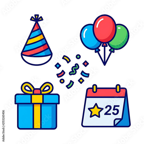 A colorful set of flat vector illustrations featuring a party hat, balloons, confetti, a.