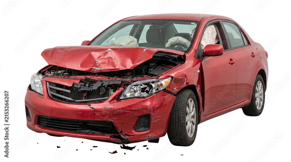 Naklejka premium Damaged red sedan after frontal car accident, wrecked vehicle with deployed airbags, smashed front bumper and hood isolated PNG with Transparent Background