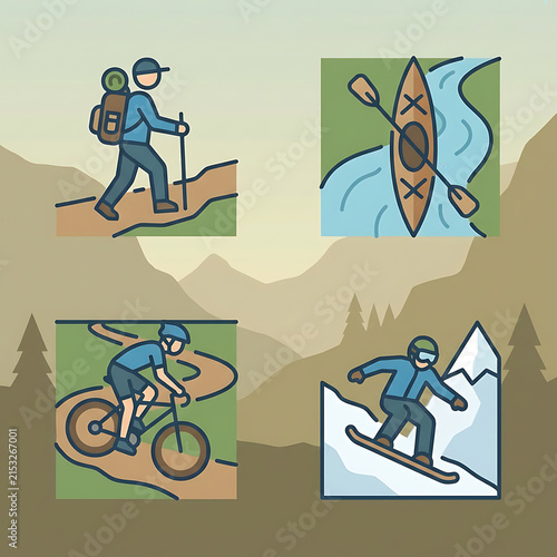 Four illustrated icons depict various outdoor adventure activities including hiking,.