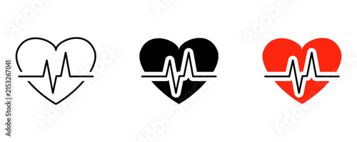 Fotografie Heartbeat pulse icon set with red and black heart shapes for medical health monitoring