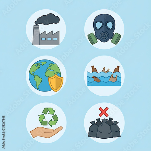 A set of six flat style icons illustrating environmental issues and sustainability.