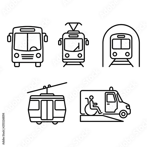 A collection of black line art icons illustrating public transport vehicles such as a bus,.