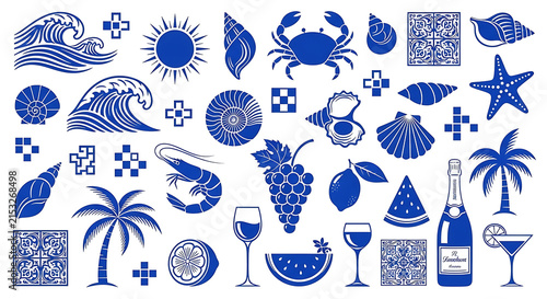 Mediterranean Summer Ocean Beach Icon Set with Blue Seashells Wine Palm Trees and Nautical Elements