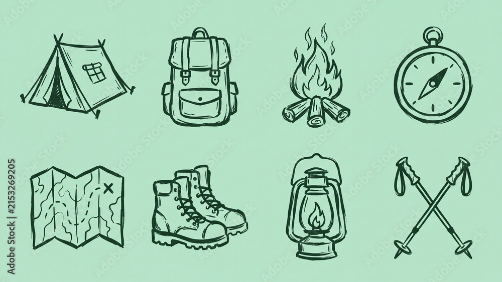 Fototapeta premium Hand-drawn set of camping and outdoor adventure icons perfect for travel blogs nature apps or wilderness exploration designs