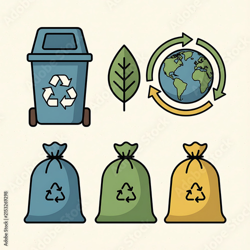 Recycling symbols displayed on bin, leaf, globe, and colored bags.