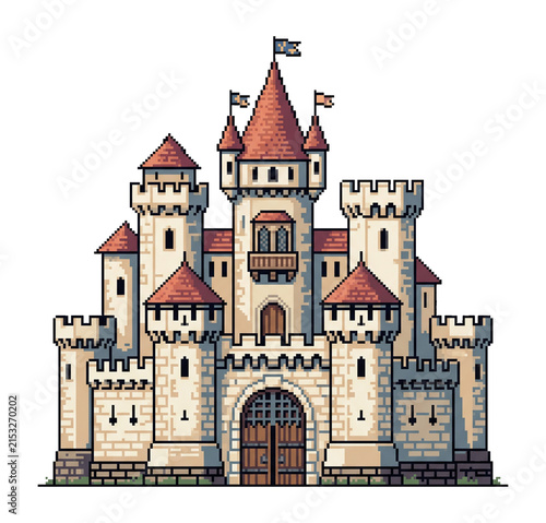 Pixel art fortified medieval castle with towers and flags isolated game asset