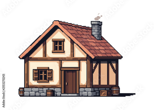 Pixel art rustic cottage with chimney and red roof isolated game asset