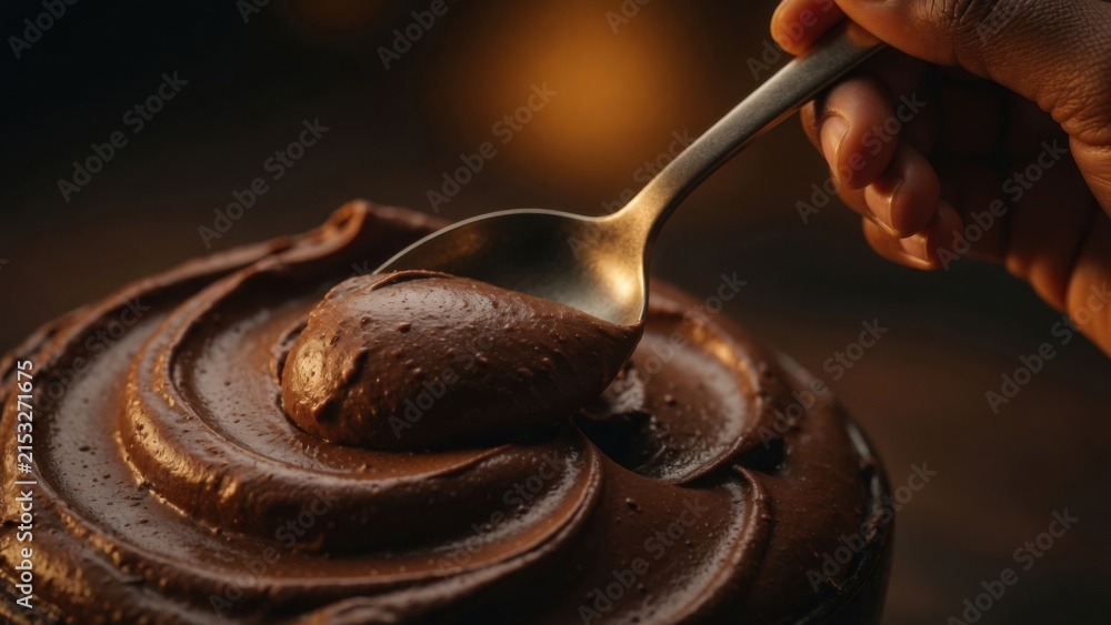 Fototapeta premium Chocolate Cake Frosting Being Spread with Spoon