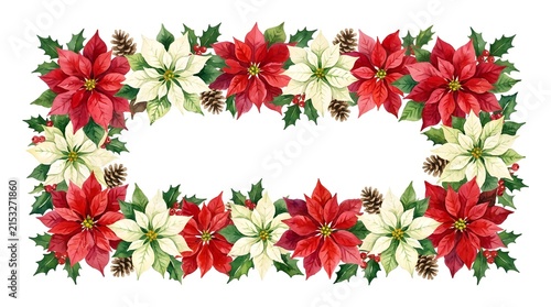 Watercolor poinsettia and holly floral frame on a white background for festive holiday designs