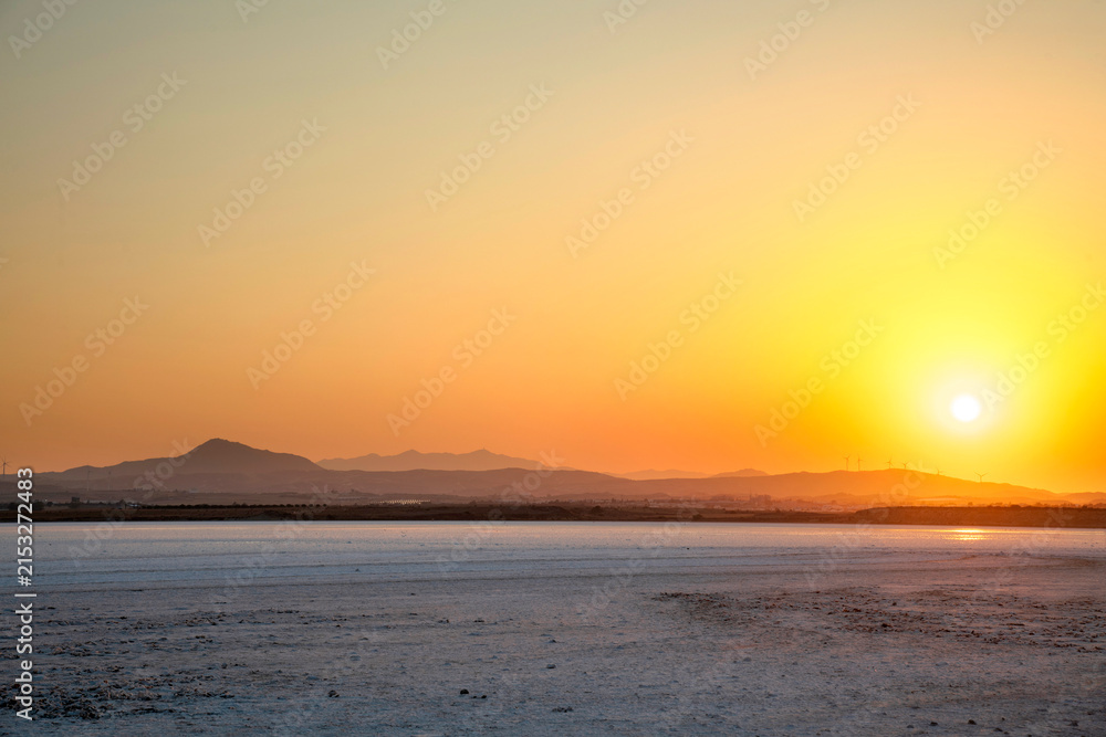 Obraz premium Golden Sunset at Larnaca Salt Lake in Cyprus