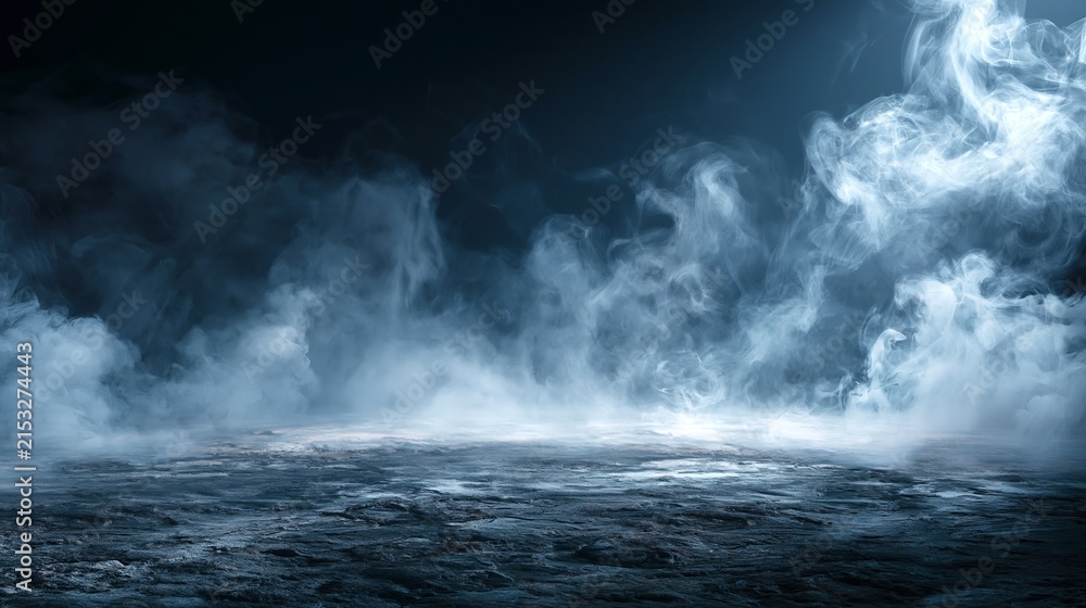 Naklejka premium Dense white smoke swirls intensely over a dark textured rocky surface illuminated by soft cool blue glowing stage lighting effects