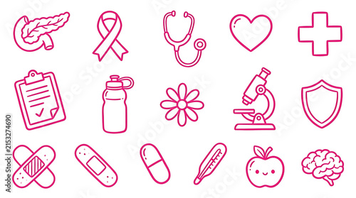 Photography Collection of medical and health-related icons in a simple doodle style
