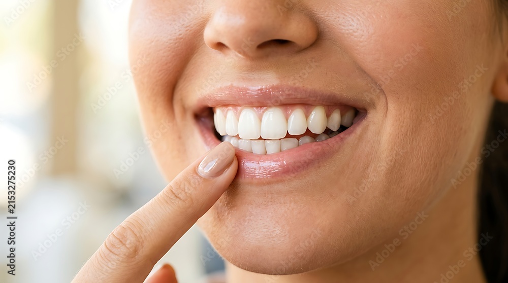 Naklejka premium Close-up of woman showing perfect clean white healthy teeth smile