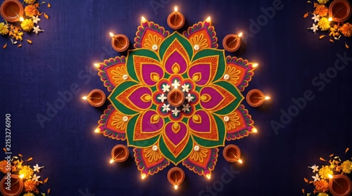 Diwali rangoli with burning diyas and marigold flowers for festival celebration decorated nicely with vibrant colors and traditional elements for the
