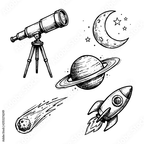 Cuadro en lienzo Outer space astronomy and science sketch collection with telescope, astronomy