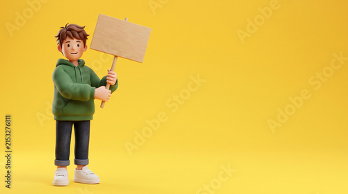 A3d rendered cartoon character of a boy wearing a green hoodie and jeans holds a blank ad social media download thambnail poster web template event festival 2026 2027 2028