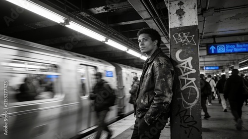 Young man waiting on a busy platform with a blurry train passing by in a gritty black and white urban underground station.
