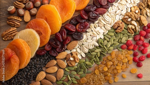Colorful assortment of dried fruits, nuts, and seeds on a wooden surface for healthy snacking