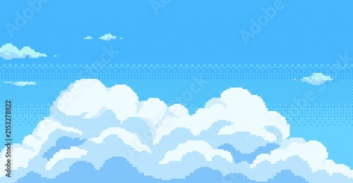 Pixel Art Blue Sky with Large White Clouds Retro Game Background