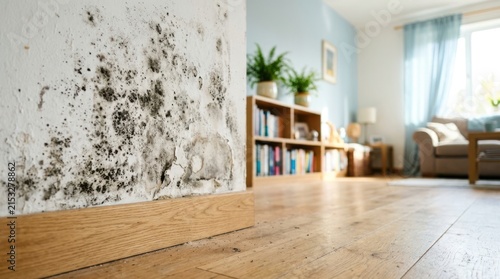 Toxic black mold growing on residential living room wall creating severe interior structural damage and health