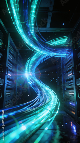Glowing cyan fiber optic cables flowing through server racks in futuristic data center.
