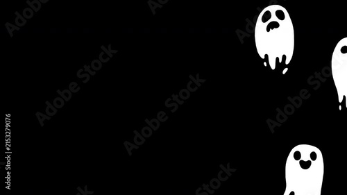 Cartoon animation video stinger transition of crowd of cute, spooky ghosts flying across the screen on transparent alpha channel for scene cuts, streaming, social media content, Halloween promotions