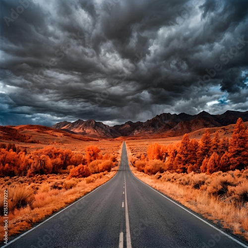 Dramatic Stormy Sky Over Autumn Landscape with Empty Road