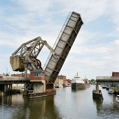 Drawbridge Opens for Ship Passage on Sunny Day