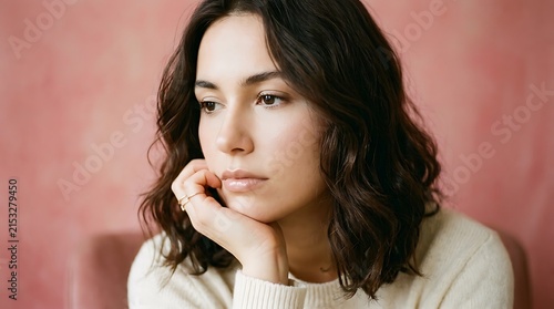 Thoughtful woman with dark curly hair resting chin on hand, portrait