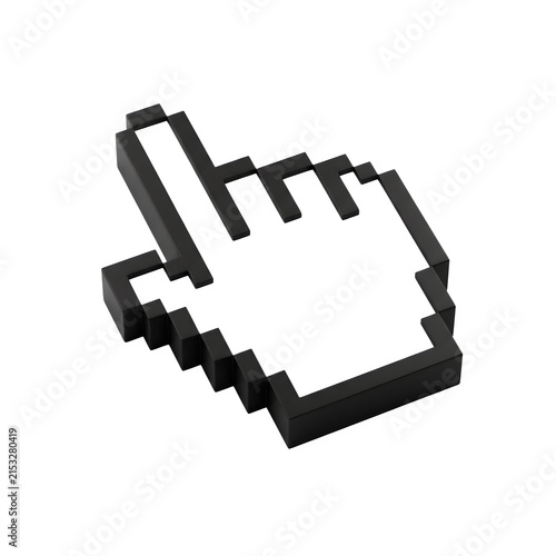 Black pixelated hand mouse cursor icon with interface selection computer technology software internet interaction navigation as PNG asset