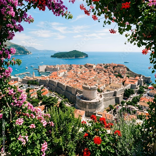 Dubrovnik Old Town City Walls and Adriatic Sea framed by flowers