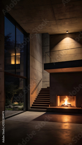 Modern luxury interior design with concrete wall, staircase, and warm burning fireplace.